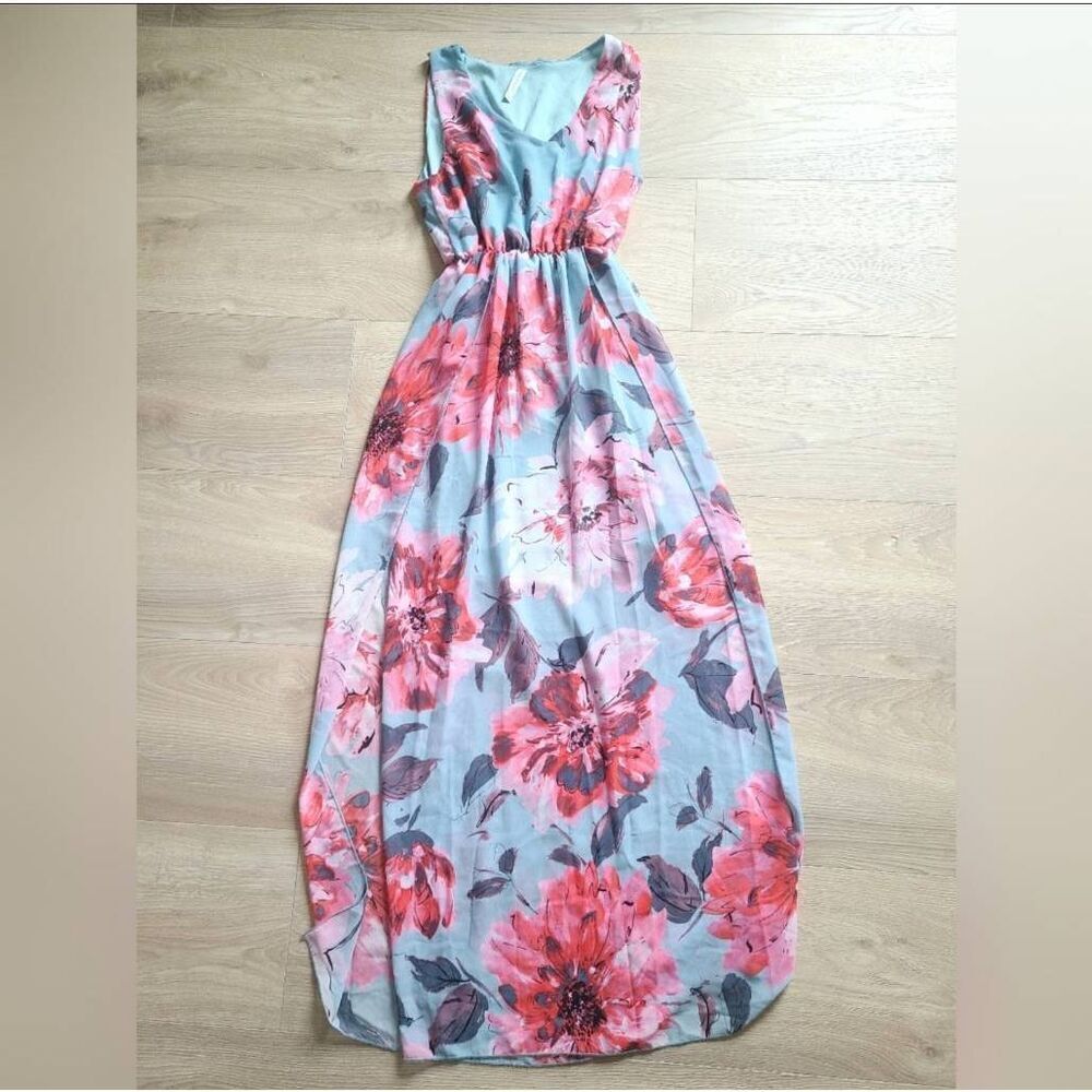 Mia & Tess Women’s Medium Long Floral Maxi Dress Blue Sleeveless V-Neck Pullover